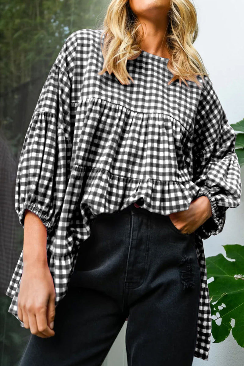 KaleaBoutique Checkered Puff Sleeve Tiered Loose Babydoll Blouse - KaleaBoutique.com