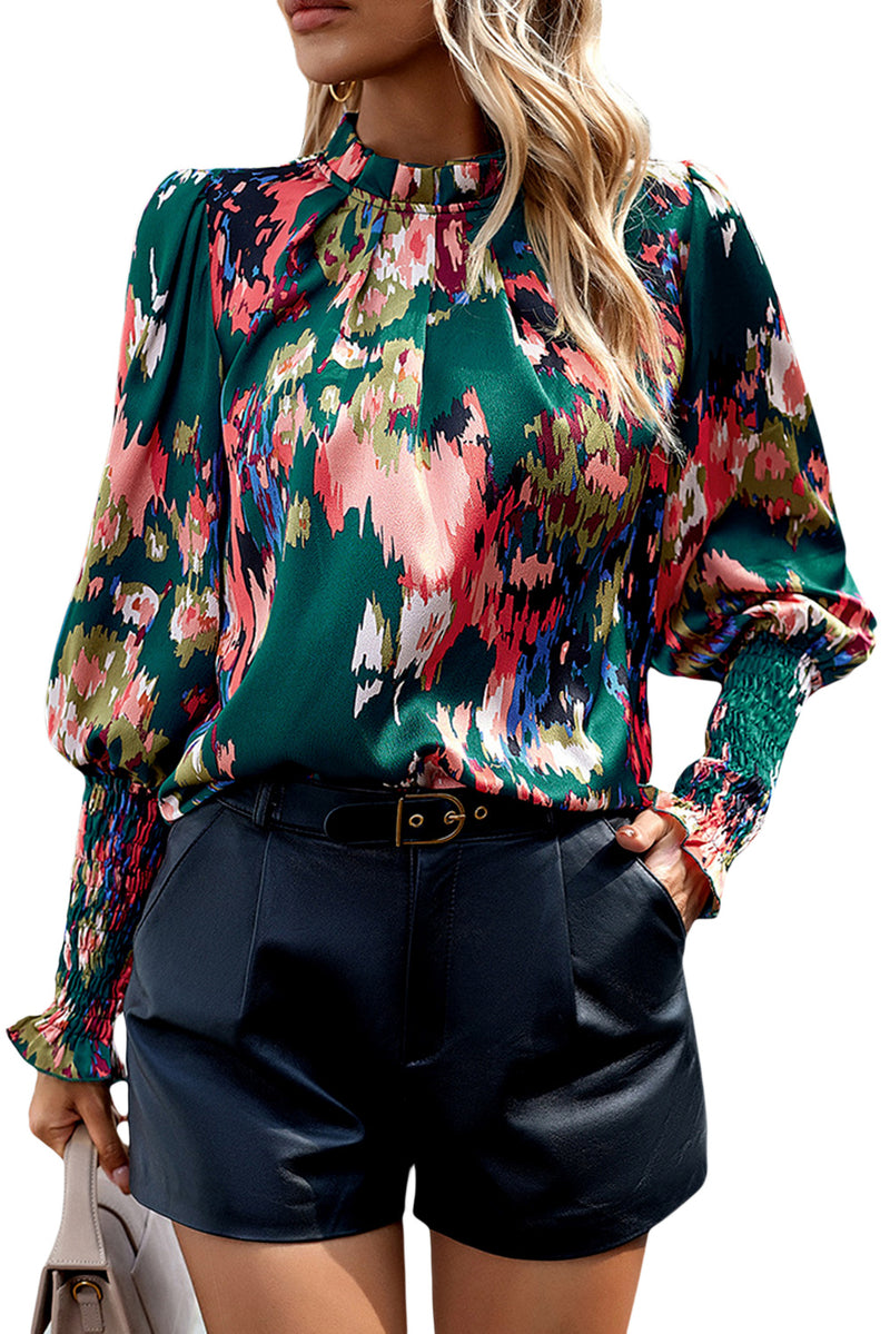 KaleaBoutique Abstract Print Smocked Cuffs Frilled Neck Blouse - KaleaBoutique.com