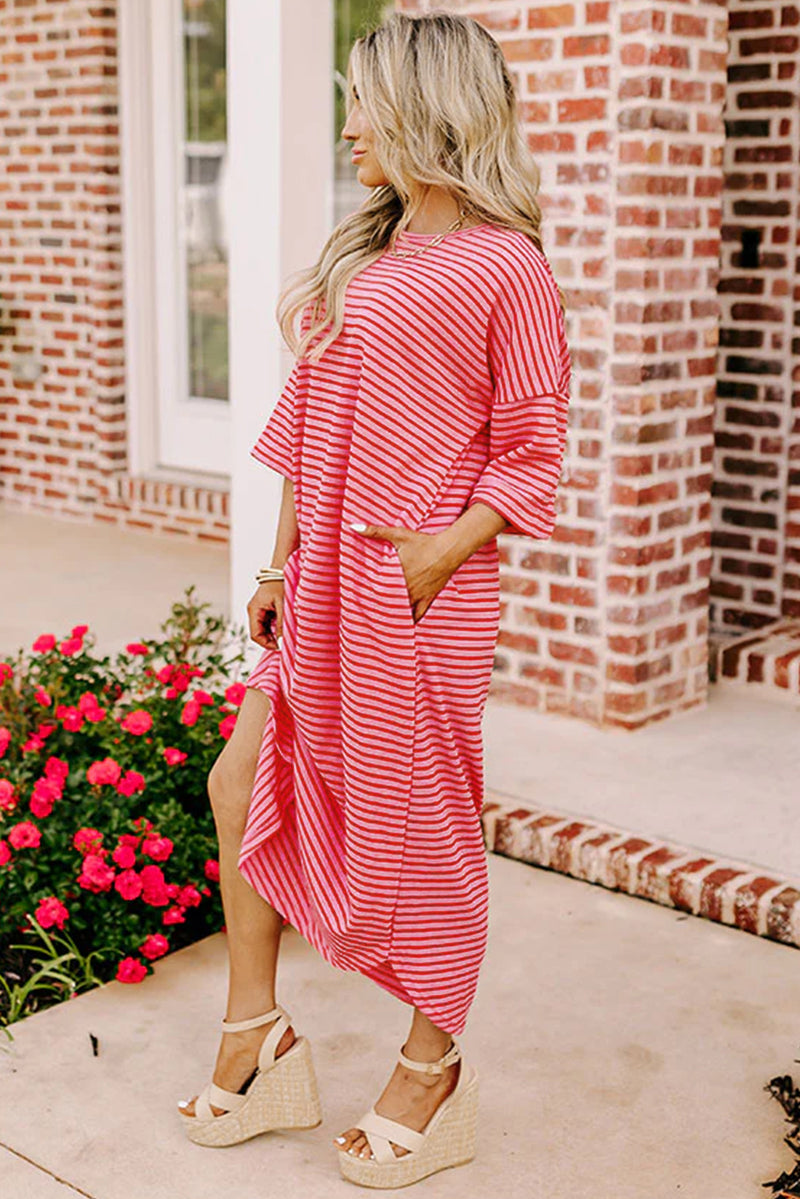 Striped 3/4 Sleeve Round Hem Shift T Shirt Dress - KaleaBoutique.com