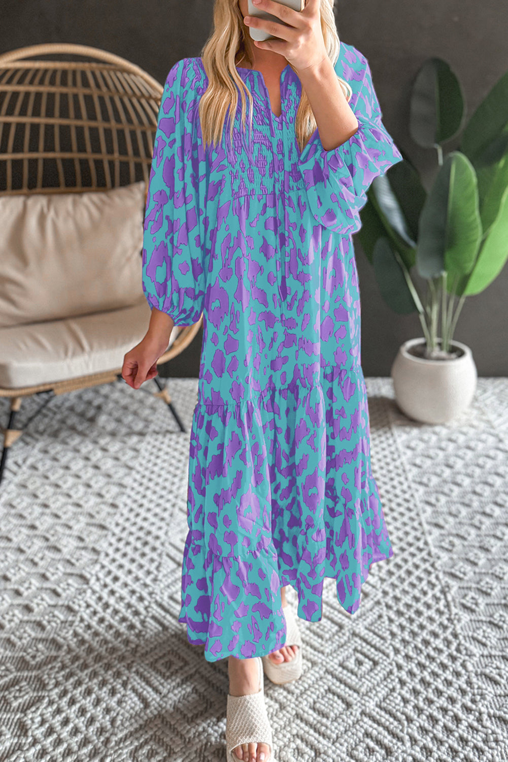 KaleaBoutique Abstract Print Puff Sleeve Tied Notched Neck Long Dress - KaleaBoutique.com