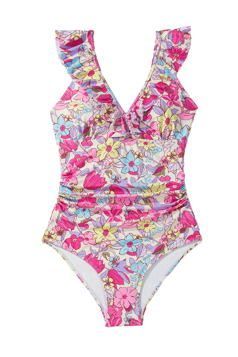 KaleaBoutique Floral Ruffle Trim V Neck Lace-up Back Tummy Control One Piece Swimsuit - KaleaBoutique.com