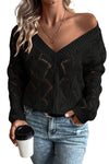 KaleaBoutique Hollow Out Knit V Neck Drop Shoulder Sweater - KaleaBoutique.com