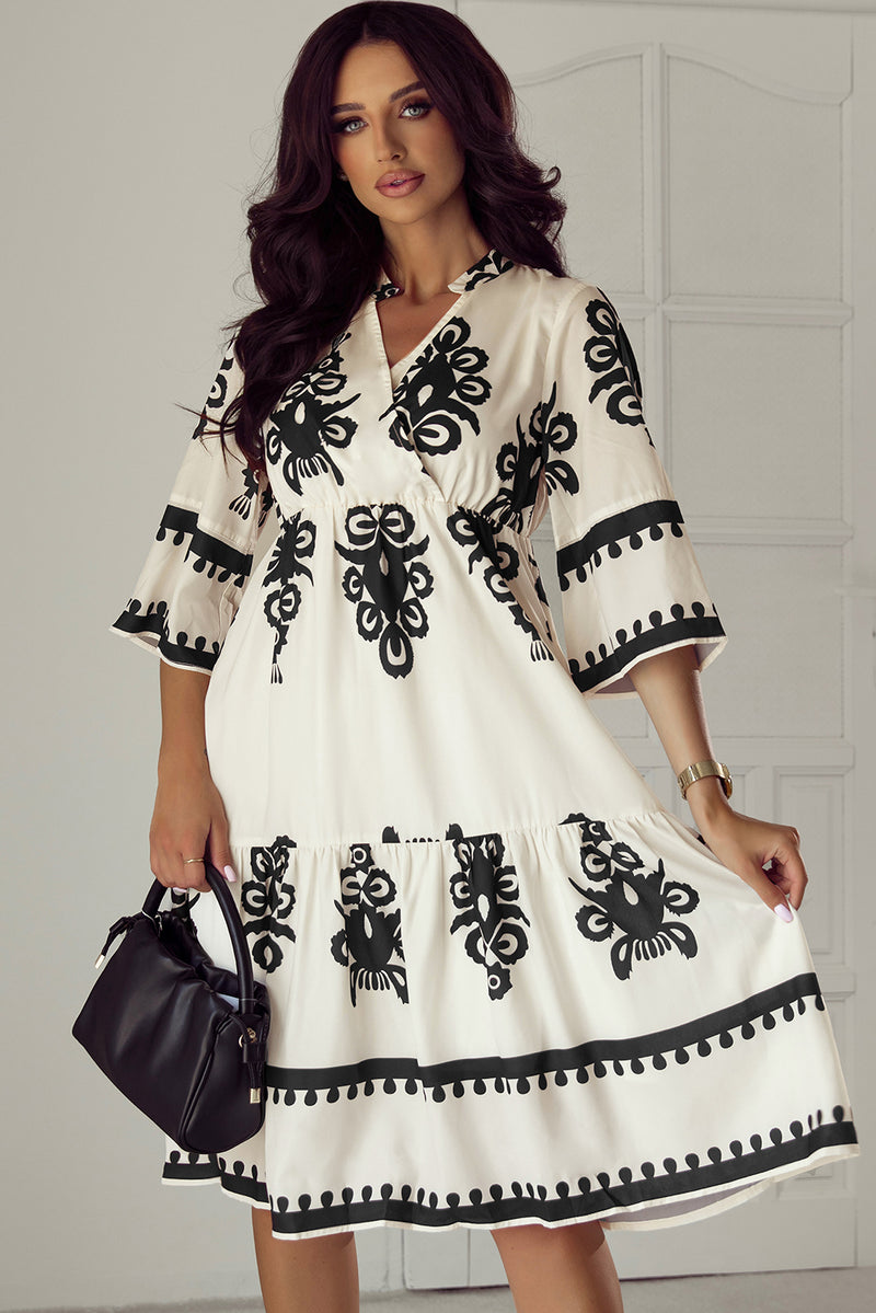 KaleaBoutique Western Geometric Print 3/4 Sleeve Loose Midi Dress - KaleaBoutique.com