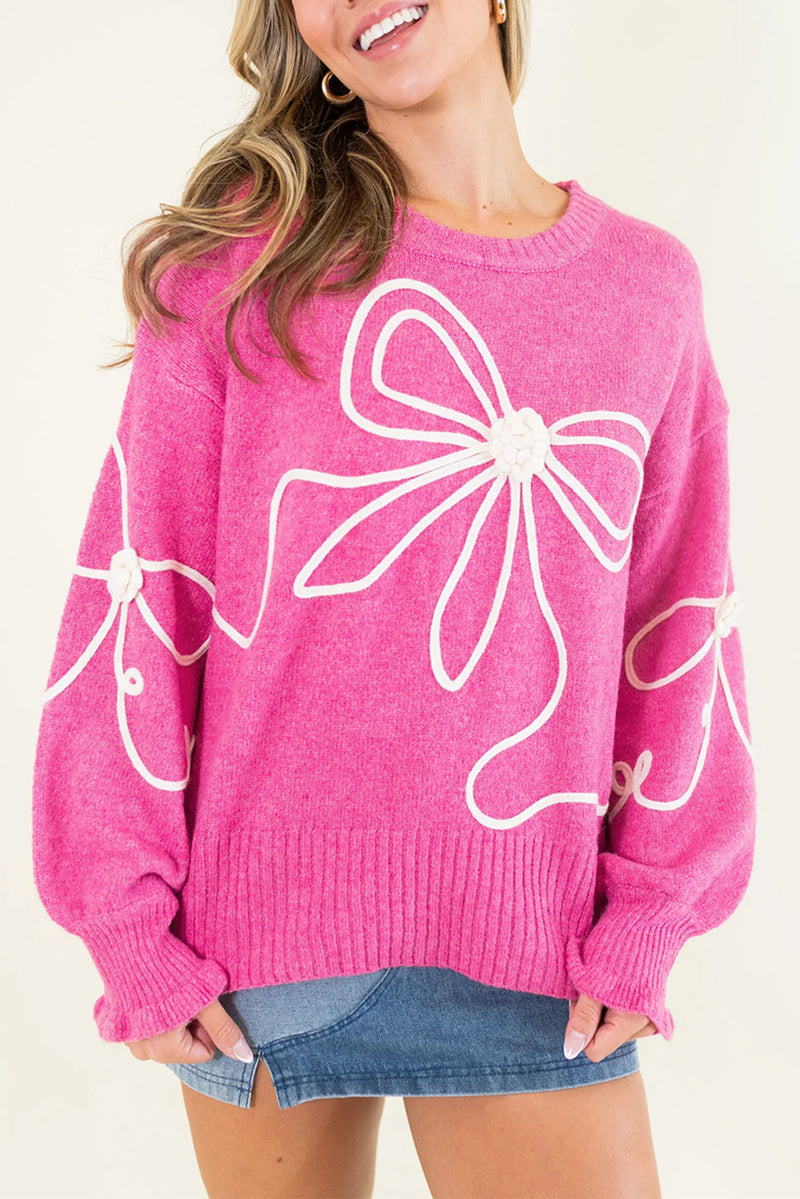 KaleaBoutique Corded Flower Bow Ribbed Trim Casual Sweater - KaleaBoutique.com