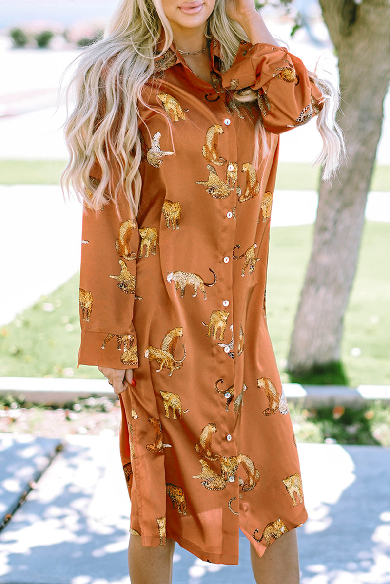 KaleaBoutique Cheetah Print Button-Up Split Shirt Dress - KaleaBoutique.com