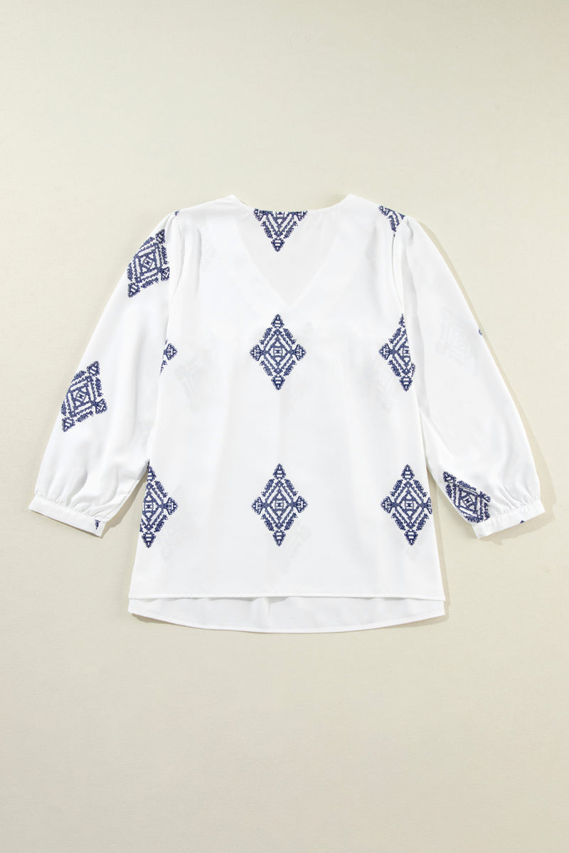 KaleaBoutique Boho Geometric Print Bracelet Sleeve V Neck Blouse - KaleaBoutique.com