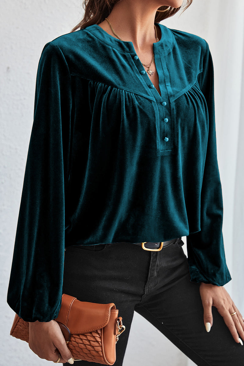 KaleaBoutique Lantern Sleeve Beaded Split V Neck Velvet Top - KaleaBoutique.com