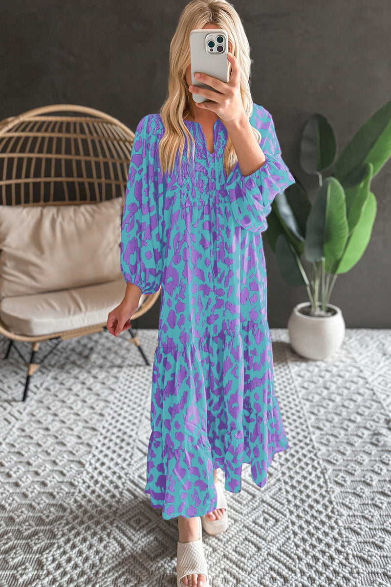 KaleaBoutique Abstract Print Puff Sleeve Tied Notched Neck Long Dress - KaleaBoutique.com