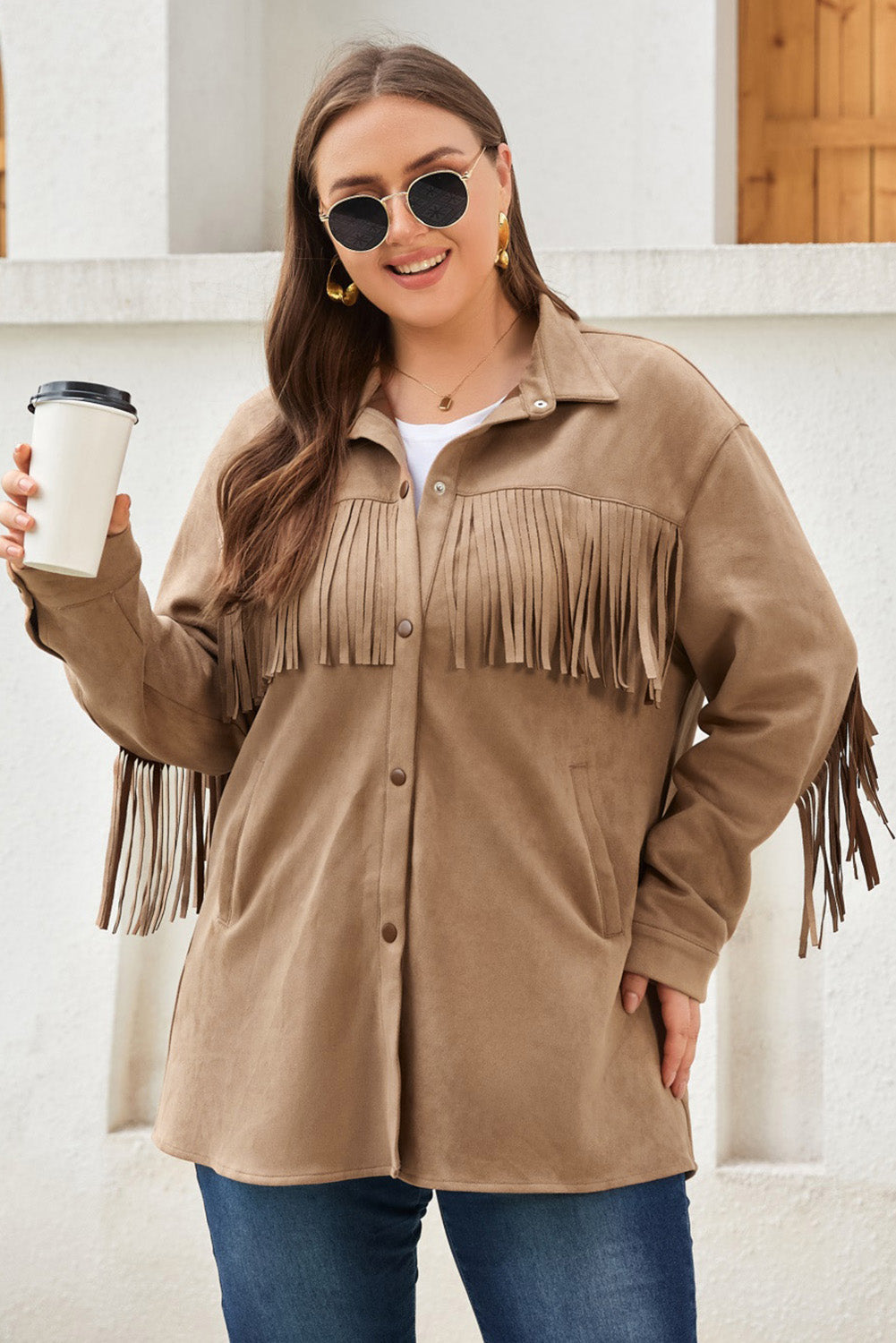 KaleaBoutique Fringe Trim Plus Size Suede Shacket - KaleaBoutique.com