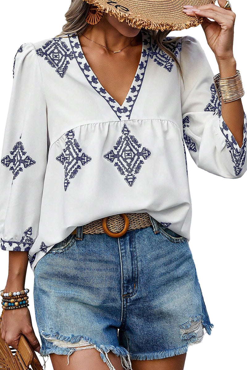 KaleaBoutique Boho Geometric Print Bracelet Sleeve V Neck Blouse - KaleaBoutique.com