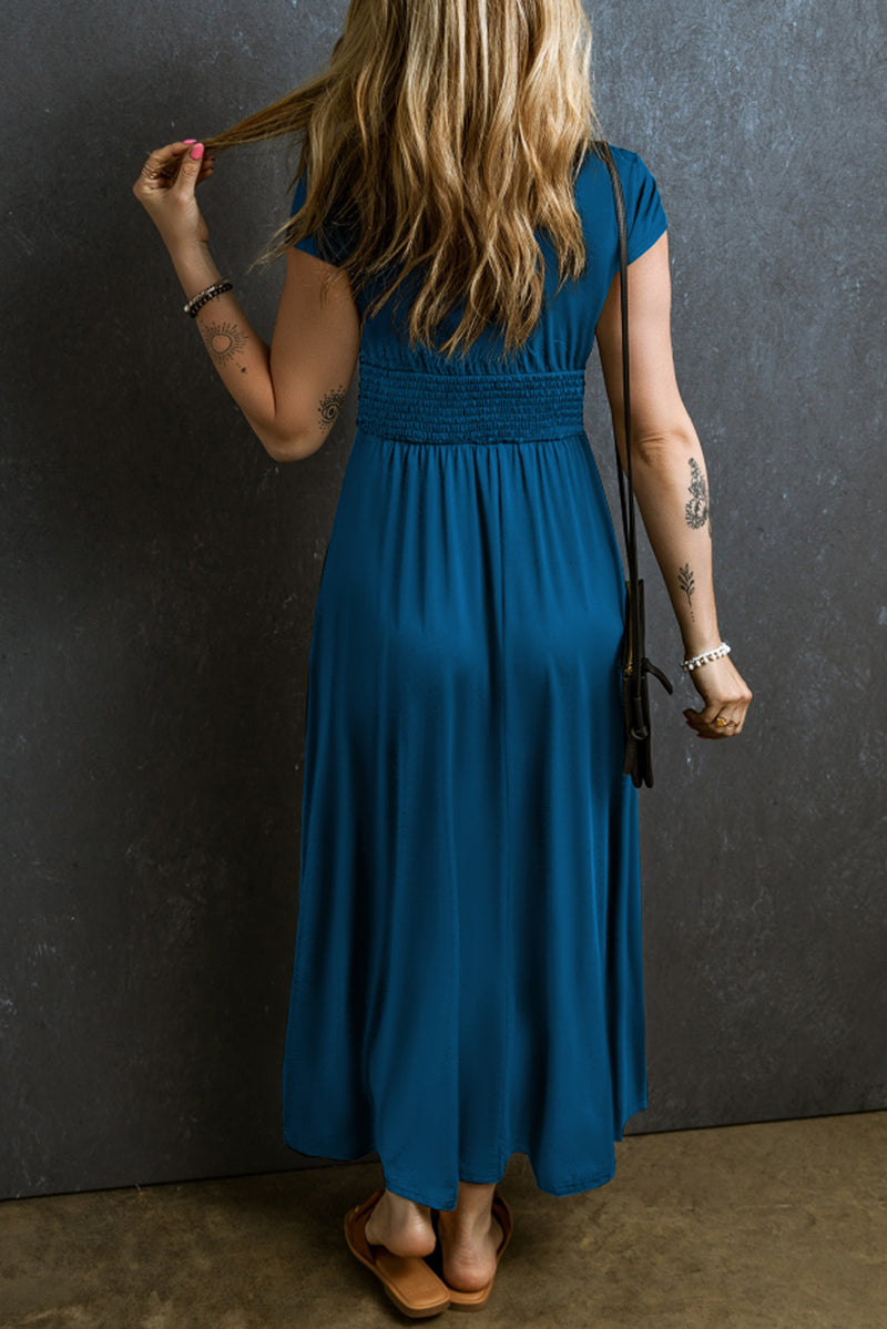 KaleaBoutique Short Sleeve Shirred High Waist V Neck Maxi Dress - KaleaBoutique.com