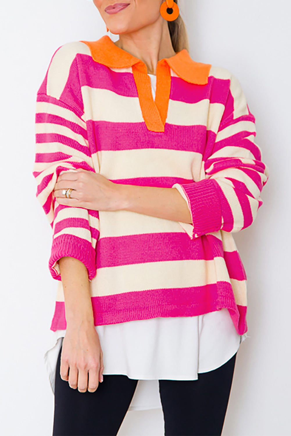 KaleaBoutique Color Block Collared V Neck Drop Shoulder Sweater - KaleaBoutique.com