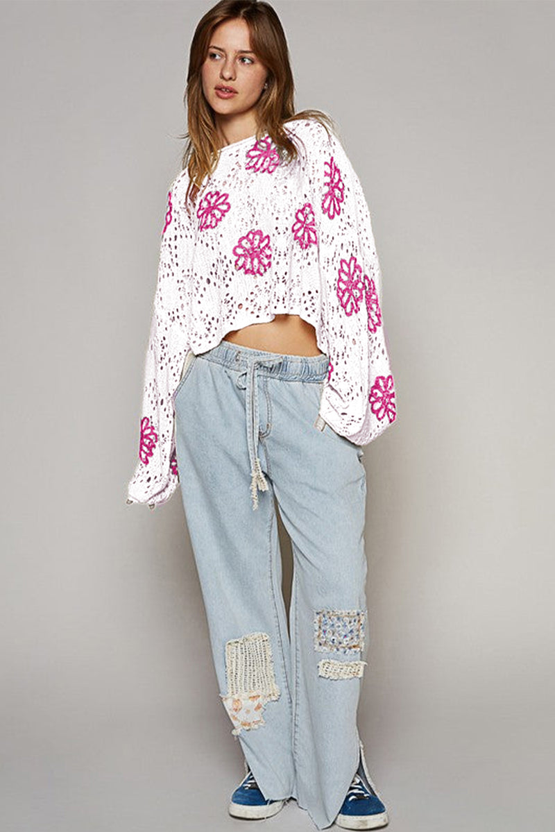 KaleaBoutique Contrast Flower Print Eyelet Drop Shoulder Sweater - KaleaBoutique.com