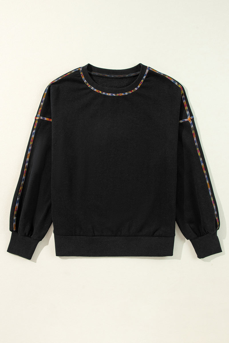 KaleaBoutique Contrast Rainbow Trim Drop Shoulder Pullover Sweatshirt - KaleaBoutique.com