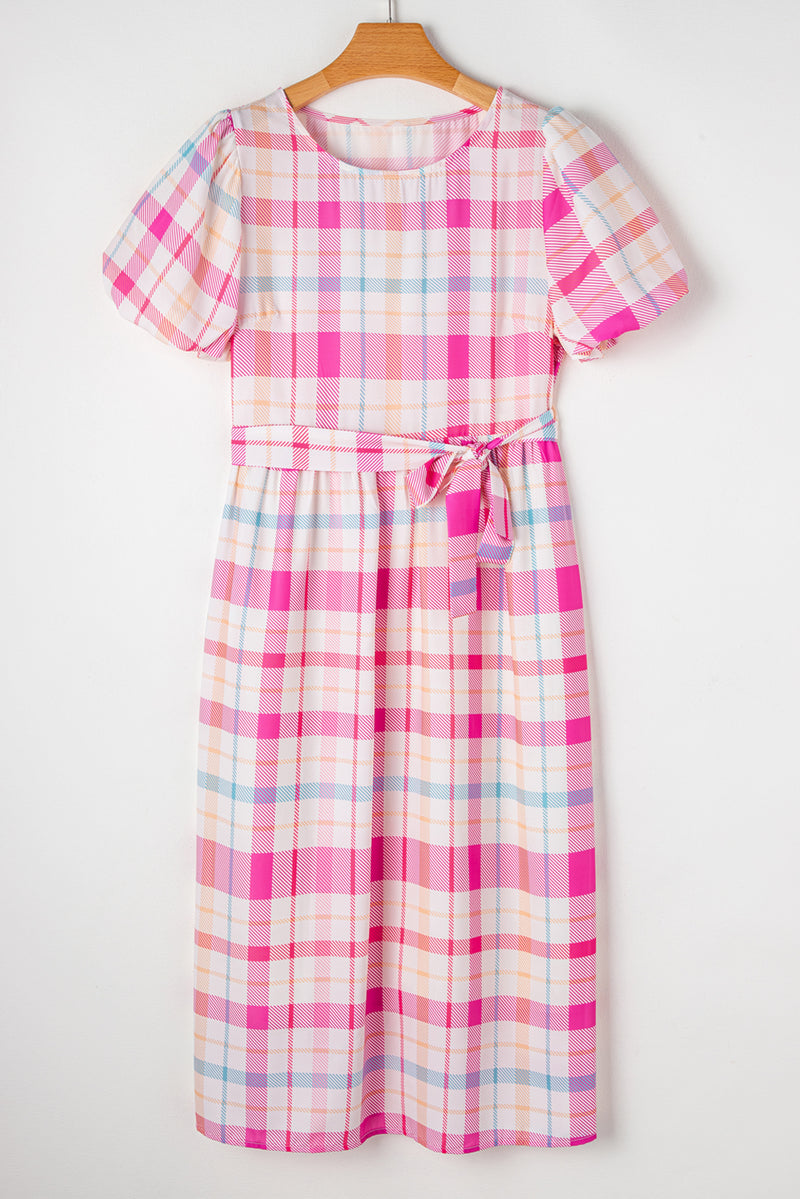 KaleaBoutique Checkered Puff Sleeve Belted Midi Dress - KaleaBoutique.com