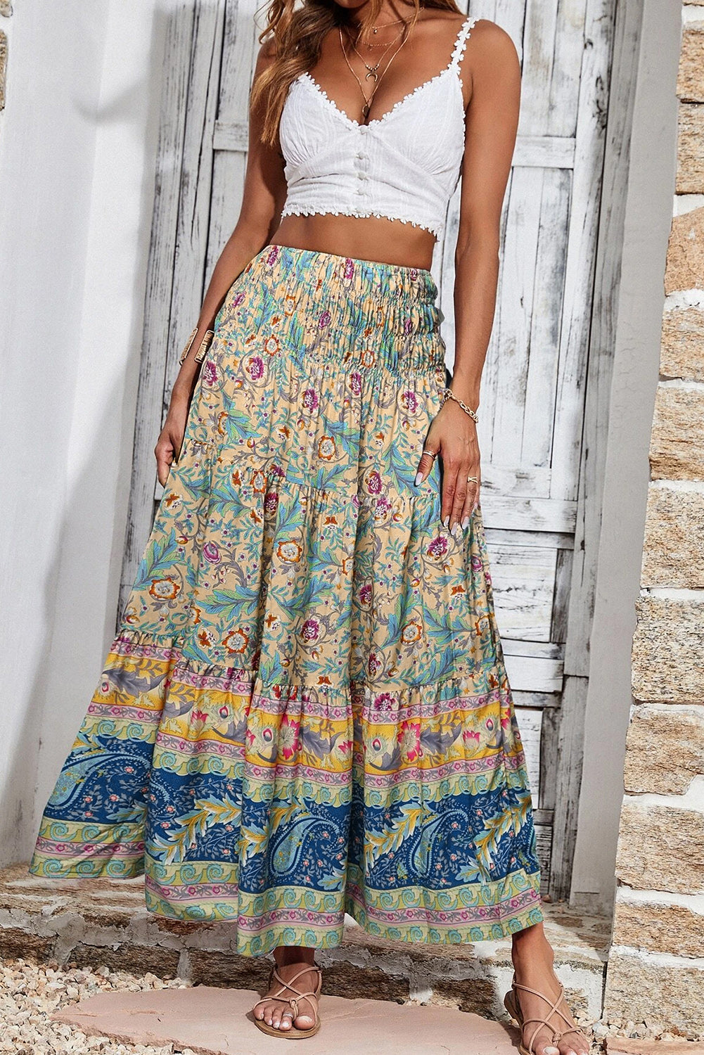 KaleaBoutique Boho Floral & Paisley Print Shirred Waist Long Skirt - KaleaBoutique.com