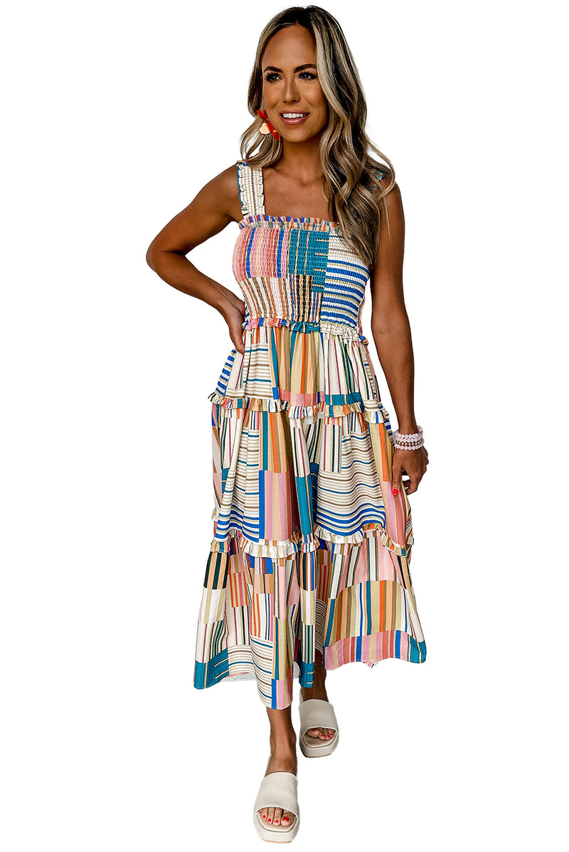 KaleaBoutique Mix Striped Wide Straps Smocked Tiered Maxi Dress - KaleaBoutique.com