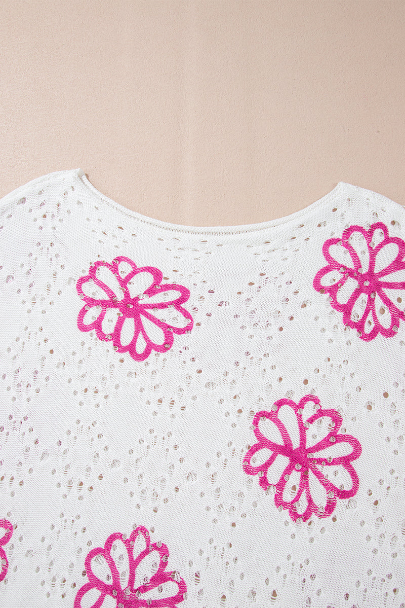 KaleaBoutique Contrast Flower Print Eyelet Drop Shoulder Sweater - KaleaBoutique.com