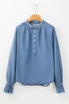 KaleaBoutique Frilled Raw Hem Half Buttoned Denim Top - KaleaBoutique.com