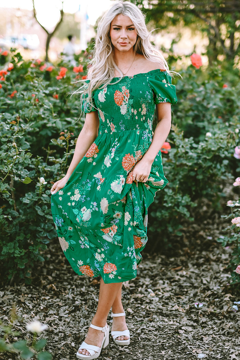 KaleaBoutique Floral Print Bubble Sleeve Smocked Tiered Midi Dress - KaleaBoutique.com