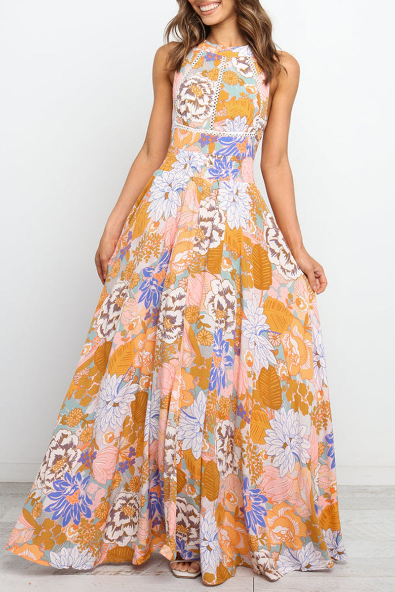 KaleaBoutique Graceful Boho Floral Backless Lace up Sleeveless Maxi Dress - KaleaBoutique.com