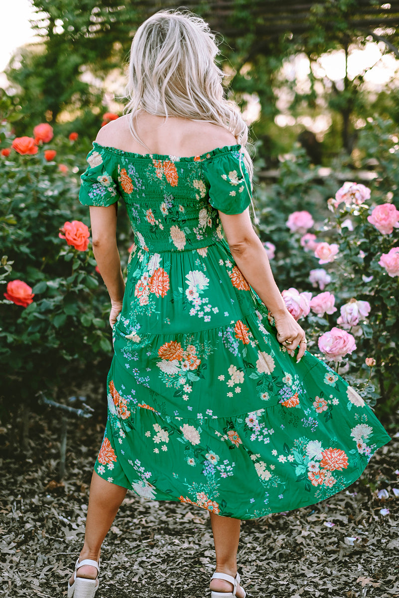 KaleaBoutique Floral Print Bubble Sleeve Smocked Tiered Midi Dress - KaleaBoutique.com