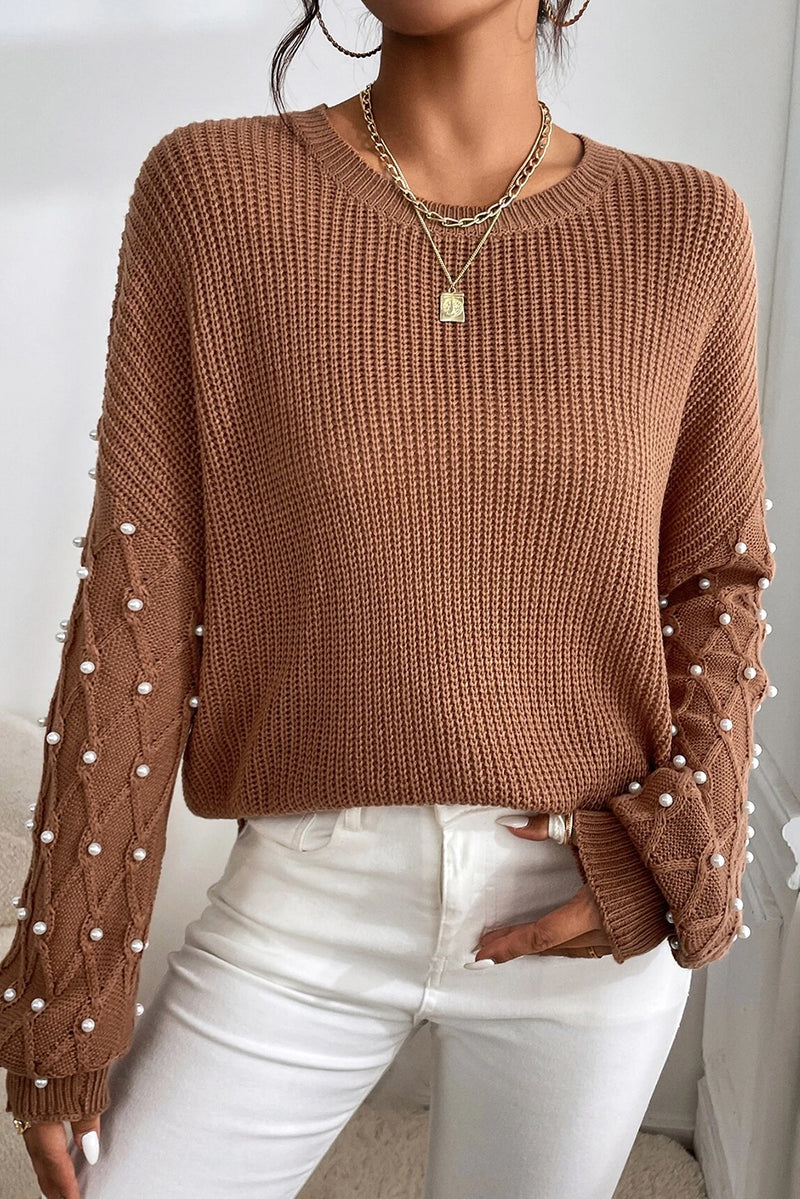 KaleaBoutique Beaded Drop Shoulder Round Neck Sweater - KaleaBoutique.com