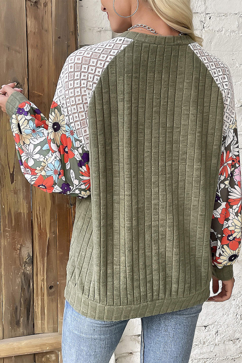 KaleaBoutique Floral Patchwork Long Sleeve Ribbed Blouse - KaleaBoutique.com