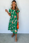 KaleaBoutique Floral Print Bubble Sleeve Smocked Tiered Midi Dress - KaleaBoutique.com