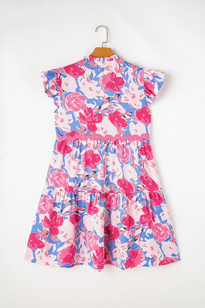 KaleaBoutique Floral Printed V Notched Ric Rac Flutter Sleeve Dress - KaleaBoutique.com