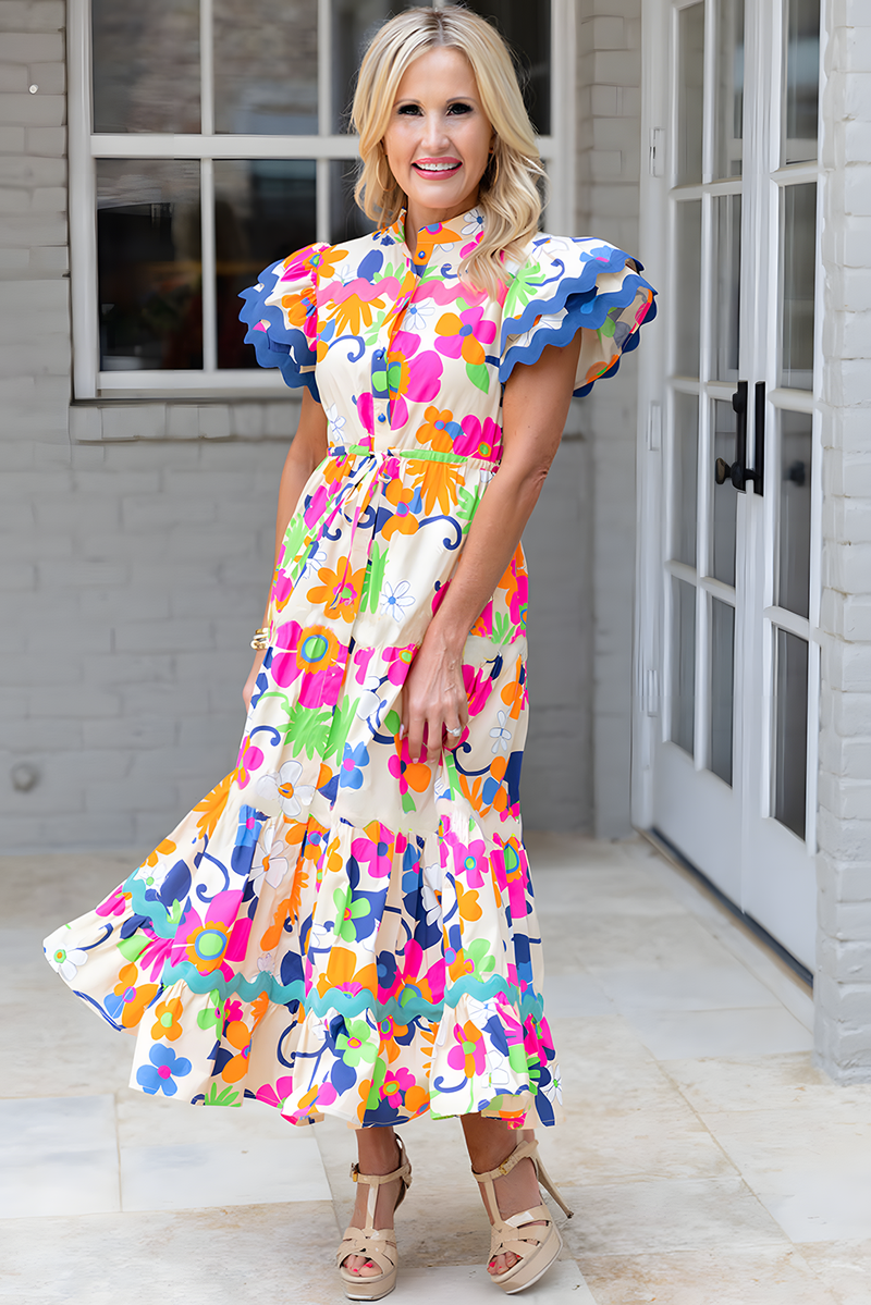 KaleaBoutique Ricrac Trim Flutter Sleeve Buttoned Floral Maxi Dress - KaleaBoutique.com