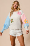 KaleaBoutique Floral Embroidered Colorblock Fuzzy Drop Shoulder Sweater - KaleaBoutique.com