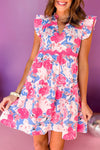 KaleaBoutique Floral Printed V Notched Ric Rac Flutter Sleeve Dress - KaleaBoutique.com