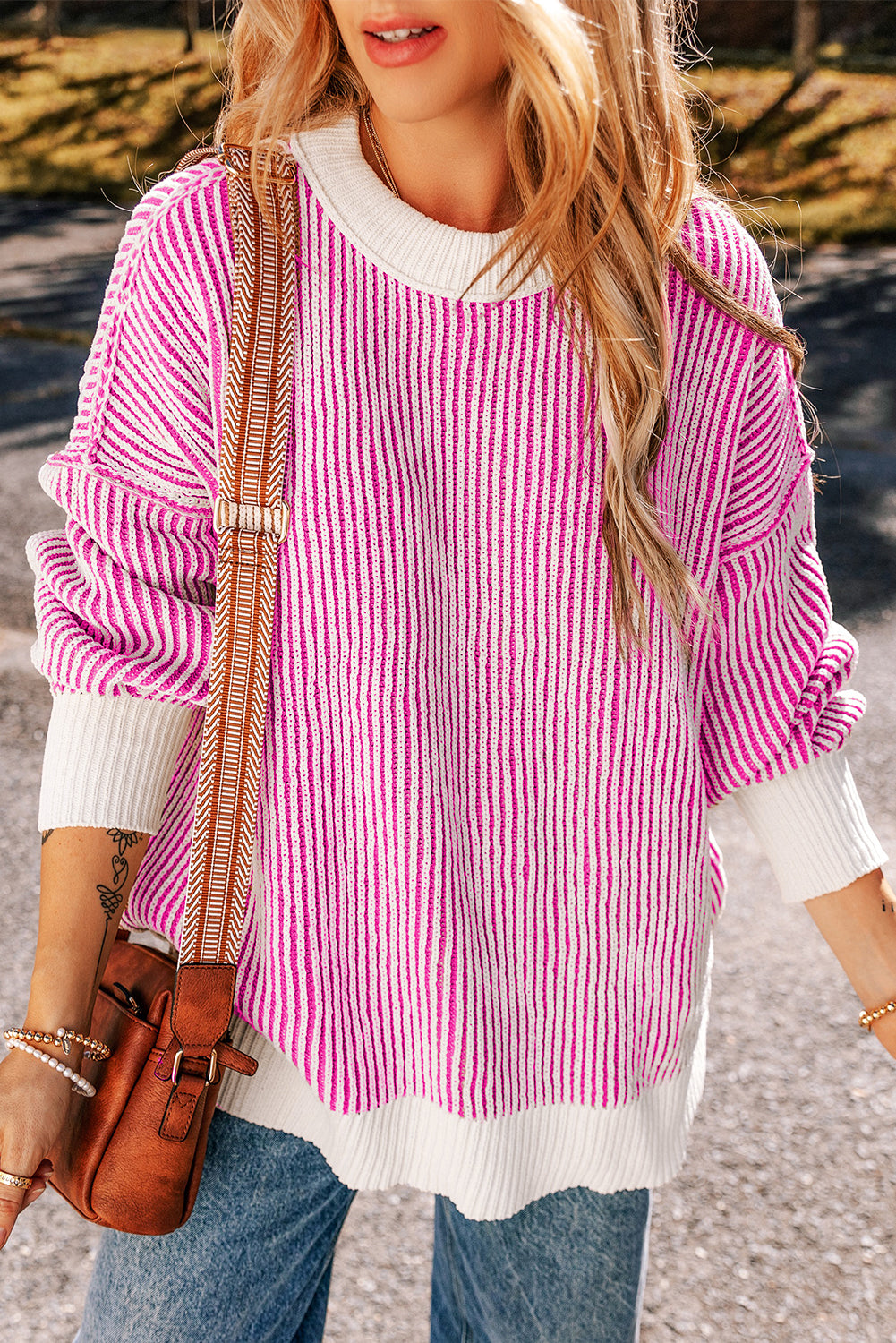 KaleaBoutique Striped Textured Knit Contrast Edge Loose Sweater - KaleaBoutique.com