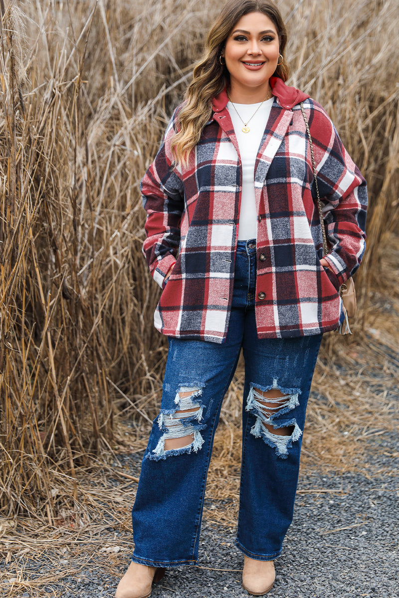 KaleaBoutique Plus Size Plaid Button up Hooded Jacket - KaleaBoutique.com