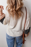 KaleaBoutique Floral Patchwork Textured Knit Drawstring V Neck Blouse - KaleaBoutique.com