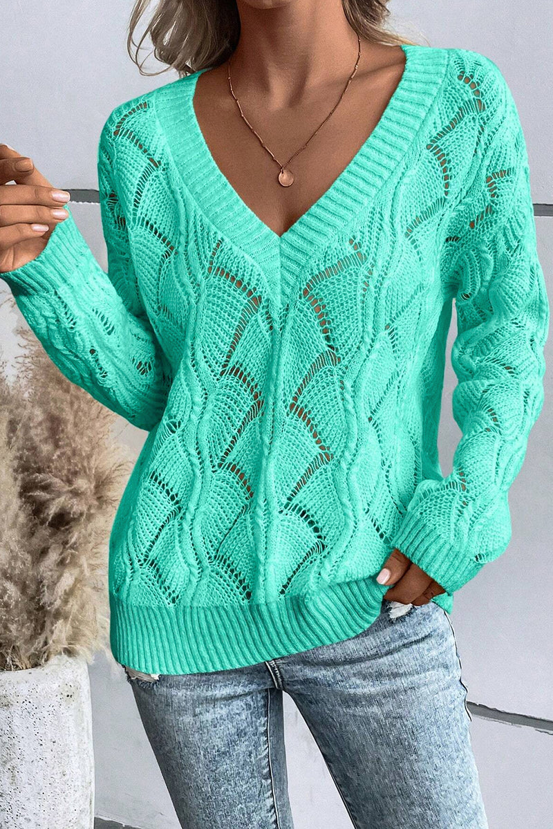 KaleaBoutique Hollow Out Knit V Neck Drop Shoulder Sweater - KaleaBoutique.com