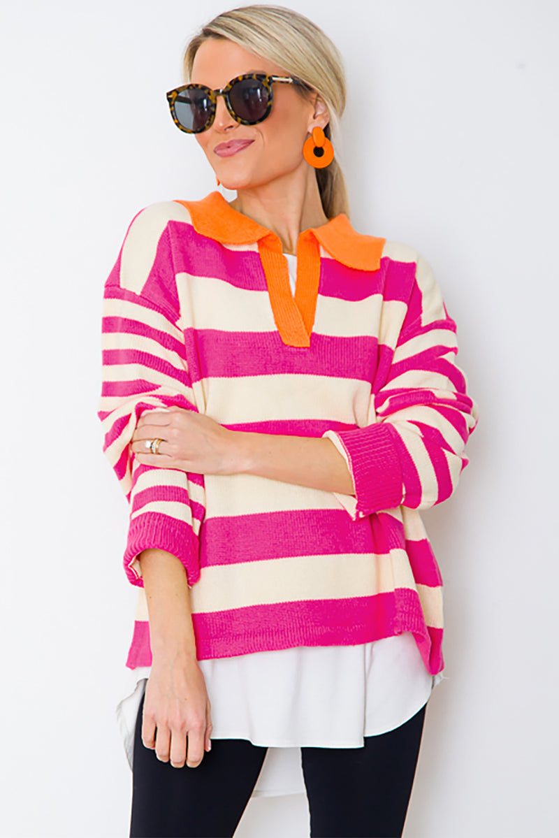 KaleaBoutique Color Block Collared V Neck Drop Shoulder Sweater - KaleaBoutique.com