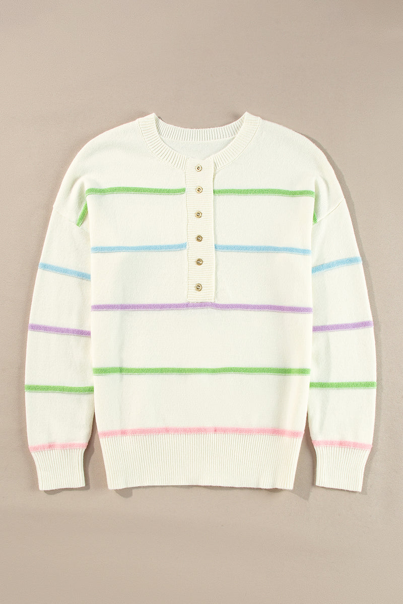 KaleaBoutique Rainbow Stripes Drop Shoulder Baggy Henley Sweater - KaleaBoutique.com