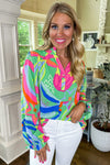 KaleaBoutique Abstract Print Ruffled Sleeve Buttoned V Neck Blouse - KaleaBoutique.com