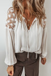 KaleaBoutique Floral Lace Patchwork Puff Sleeve Tied V Neck Blouse - KaleaBoutique.com