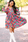 KaleaBoutique Floral Print Tie Split Neck Bubble Sleeve Babydoll Dress - KaleaBoutique.com