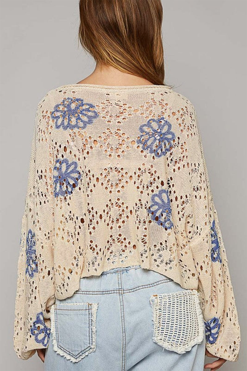 KaleaBoutique Contrast Flower Print Eyelet Drop Shoulder Sweater - KaleaBoutique.com