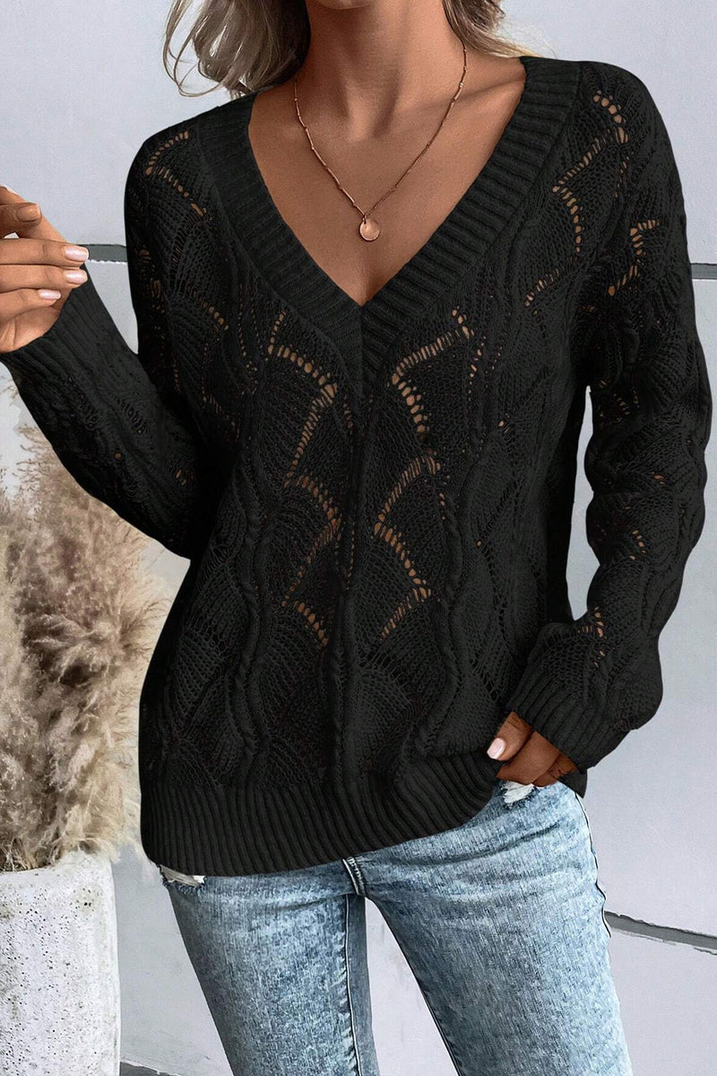 KaleaBoutique Hollow Out Knit V Neck Drop Shoulder Sweater - KaleaBoutique.com