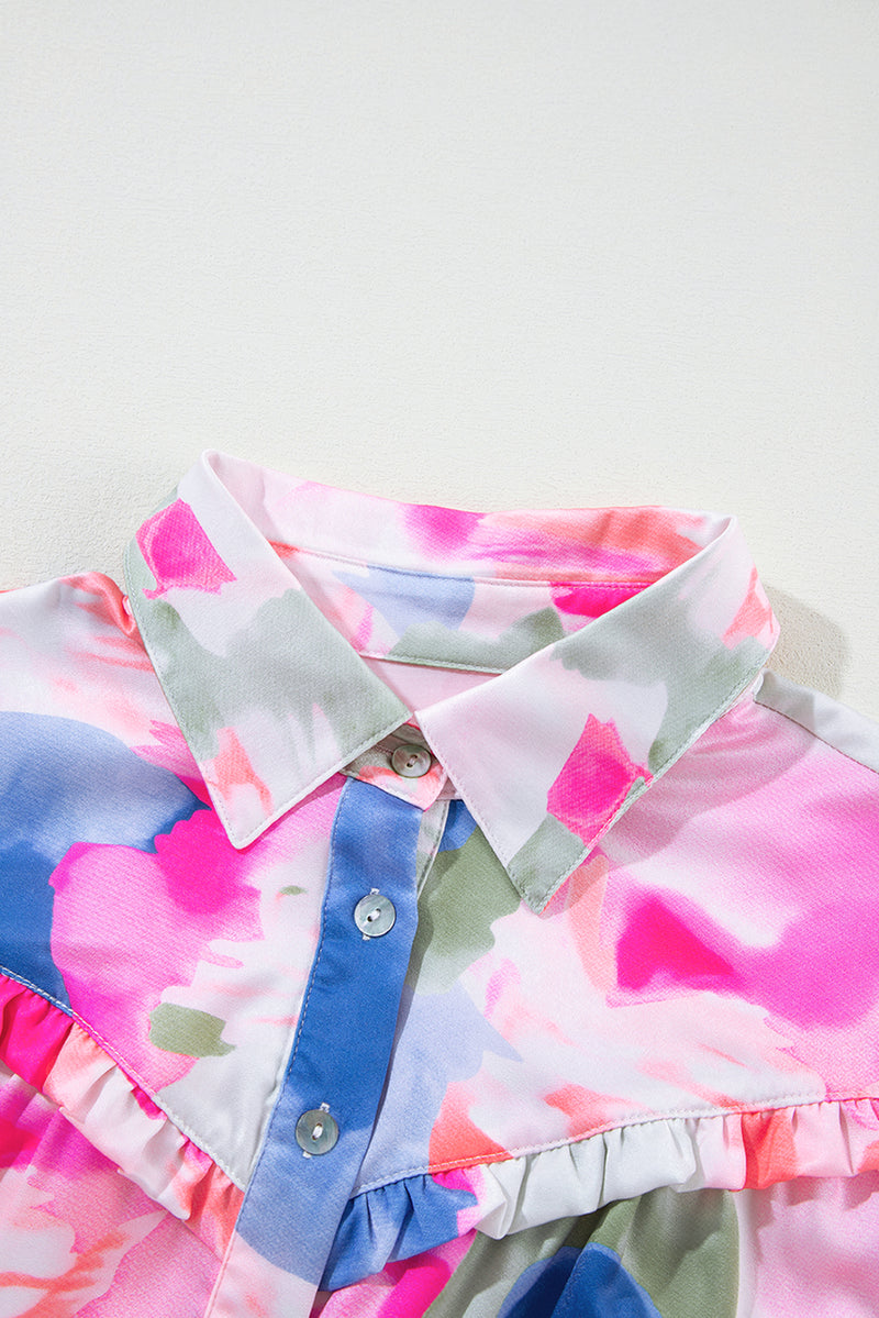 KaleaBoutique Abstract Printed Lantern Sleeve Frilled Button Front Collared Shirt - KaleaBoutique.com