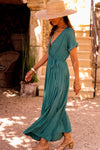 KaleaBoutique Solid Color V Neck Wrap Pleated Short Sleeve Maxi Dress - KaleaBoutique.com