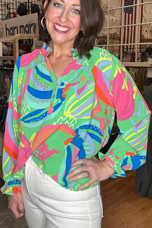 KaleaBoutique Abstract Print Ruffled Sleeve Buttoned V Neck Blouse - KaleaBoutique.com