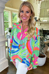 KaleaBoutique Abstract Print Ruffled Sleeve Buttoned V Neck Blouse - KaleaBoutique.com