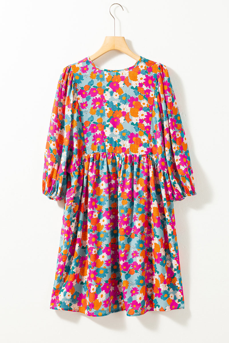 KaleaBoutique Floral Print Tie Split Neck Bubble Sleeve Babydoll Dress - KaleaBoutique.com