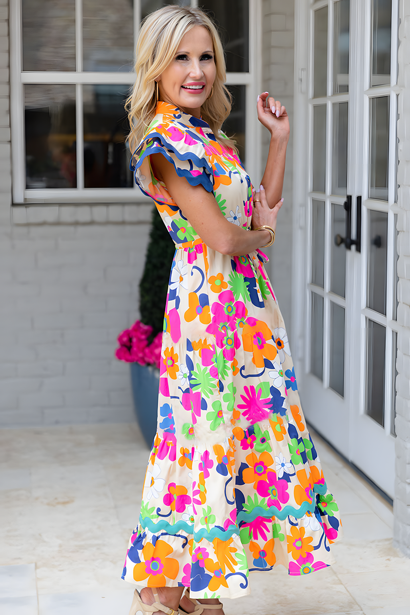 KaleaBoutique Ricrac Trim Flutter Sleeve Buttoned Floral Maxi Dress - KaleaBoutique.com